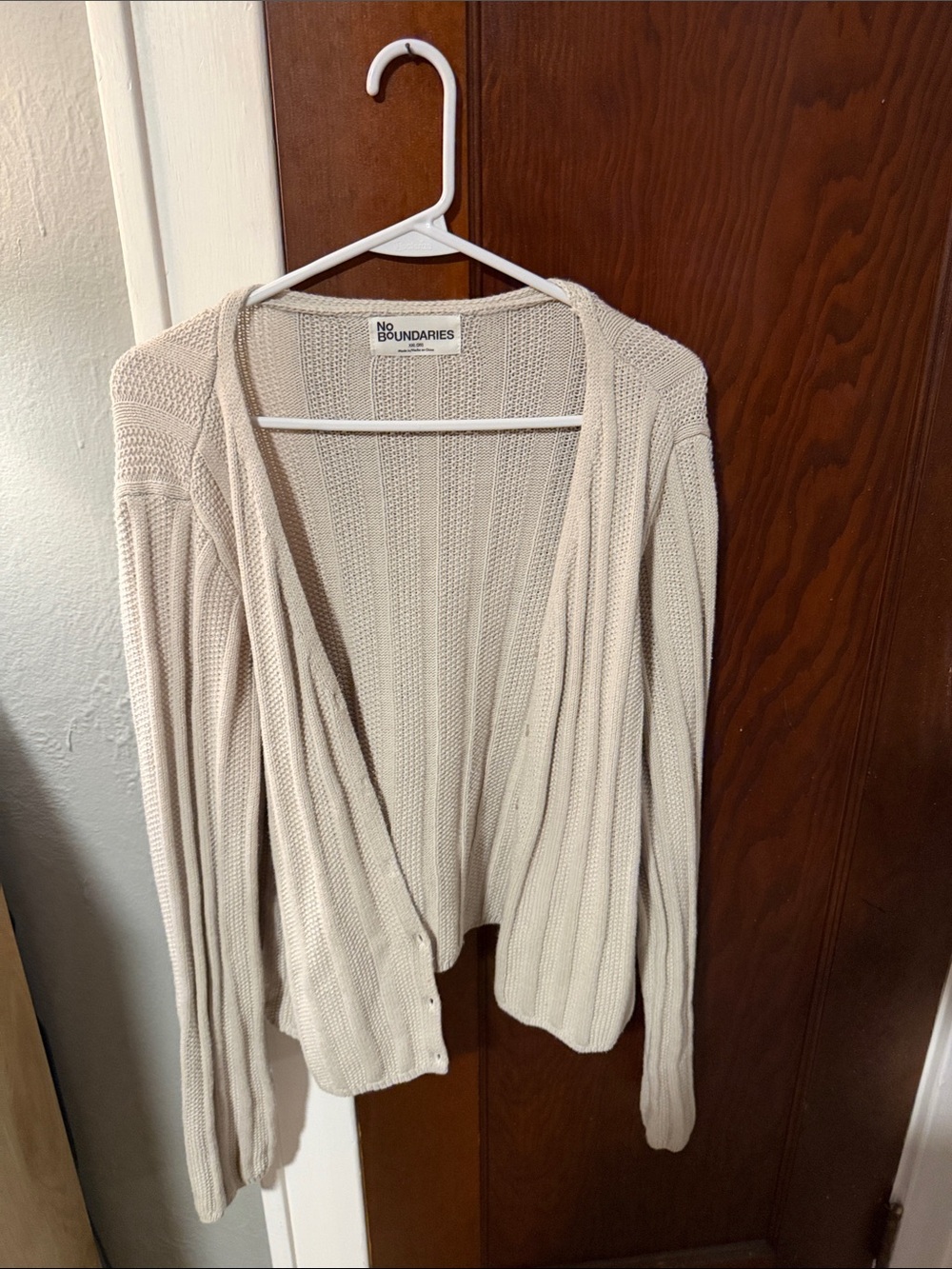 No Boundaries Light Cream Open-Front Ribbed Women's Cardigan